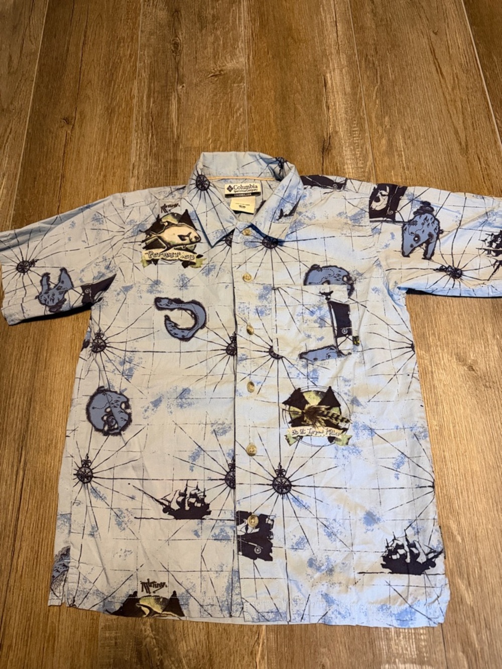 Boy’s Columbia Light Blue and Navy Nautical Print Short Sleeve Shirt